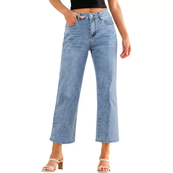 GRAPENT Jeans for Women Trendy High Waisted Baggy Straight Leg Stretchy Denim Ankle Pants Cropped Jeans with PocketsLakeside Blue