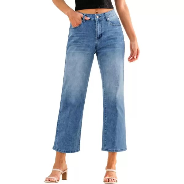 GRAPENT Jeans for Women Trendy High Waisted Baggy Straight Leg Stretchy Denim Ankle Pants Cropped Jeans with PocketsMedium Blue