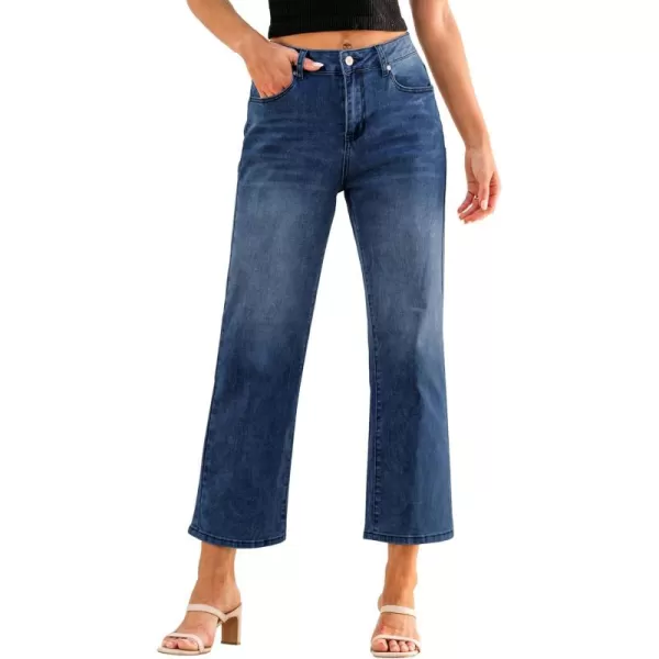 GRAPENT Jeans for Women Trendy High Waisted Baggy Straight Leg Stretchy Denim Ankle Pants Cropped Jeans with PocketsNightfall Blue