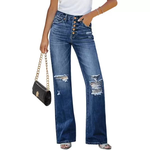 GRAPENT Ripped Jeans for Women High Waist Stretchy Button Fly Denim Flare Wide Leg Distressed Jean Pants Baggy JeansDark Blue