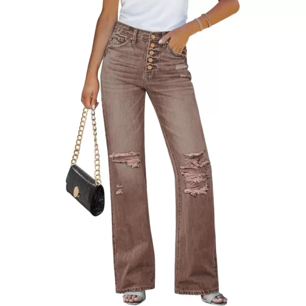 GRAPENT Ripped Jeans for Women High Waist Stretchy Button Fly Denim Flare Wide Leg Distressed Jean Pants Baggy JeansPecan Brown