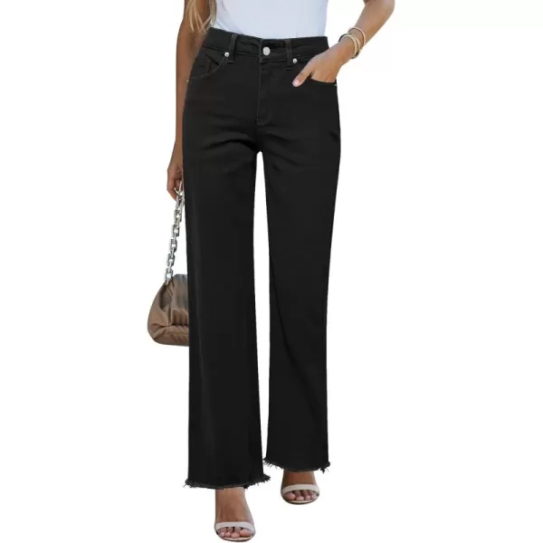 GRAPENT Straight Leg Jeans for Women High Waisted Stretchy Frayed Raw Hem Loose Denim Pants Casual Baggy Jean TrousersAlways Black