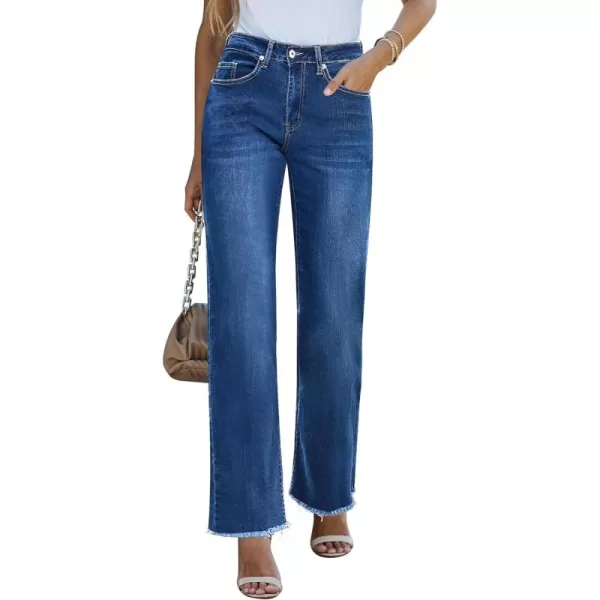 GRAPENT Straight Leg Jeans for Women High Waisted Stretchy Frayed Raw Hem Loose Denim Pants Casual Baggy Jean TrousersClassic Blue