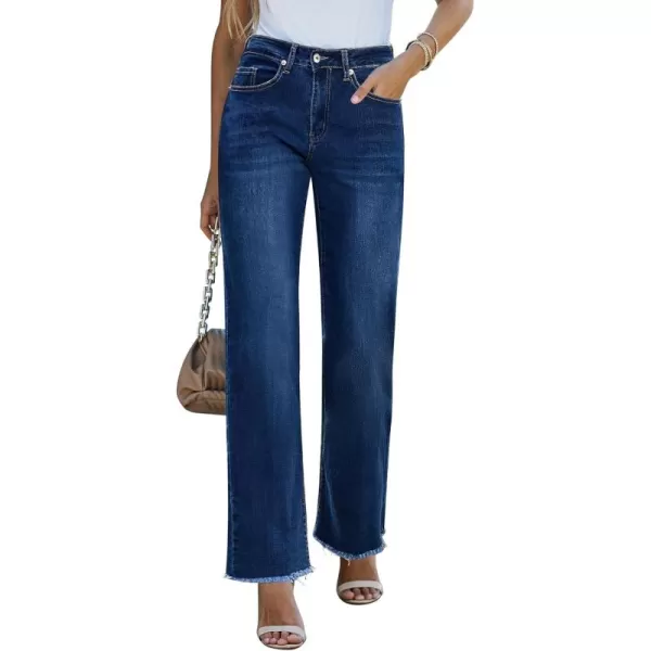 GRAPENT Straight Leg Jeans for Women High Waisted Stretchy Frayed Raw Hem Loose Denim Pants Casual Baggy Jean TrousersDark Blue