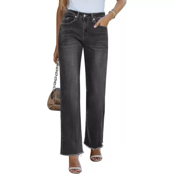 GRAPENT Straight Leg Jeans for Women High Waisted Stretchy Frayed Raw Hem Loose Denim Pants Casual Baggy Jean TrousersDark Gray