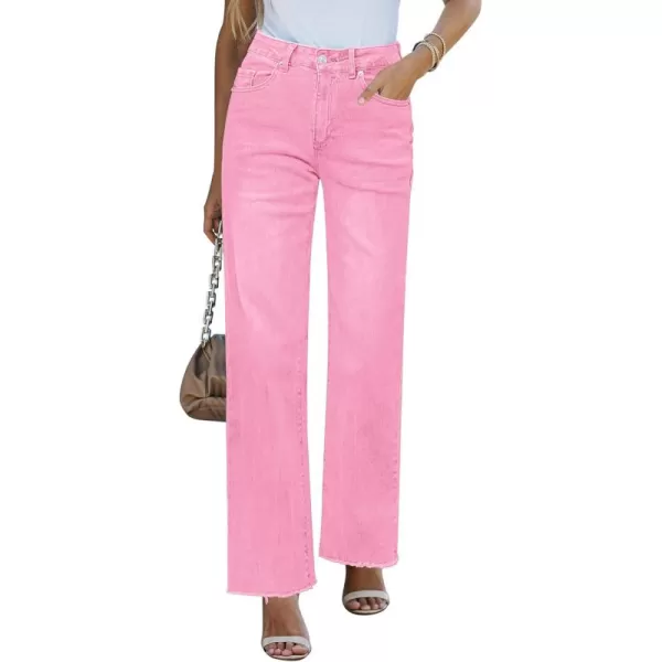 GRAPENT Straight Leg Jeans for Women High Waisted Stretchy Frayed Raw Hem Loose Denim Pants Casual Baggy Jean TrousersGossamer Pink