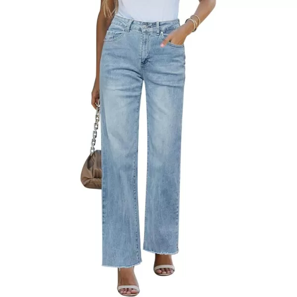 GRAPENT Straight Leg Jeans for Women High Waisted Stretchy Frayed Raw Hem Loose Denim Pants Casual Baggy Jean TrousersIce Blue