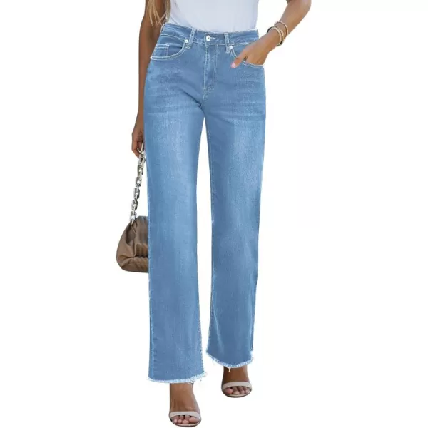 GRAPENT Straight Leg Jeans for Women High Waisted Stretchy Frayed Raw Hem Loose Denim Pants Casual Baggy Jean TrousersMedium Blue