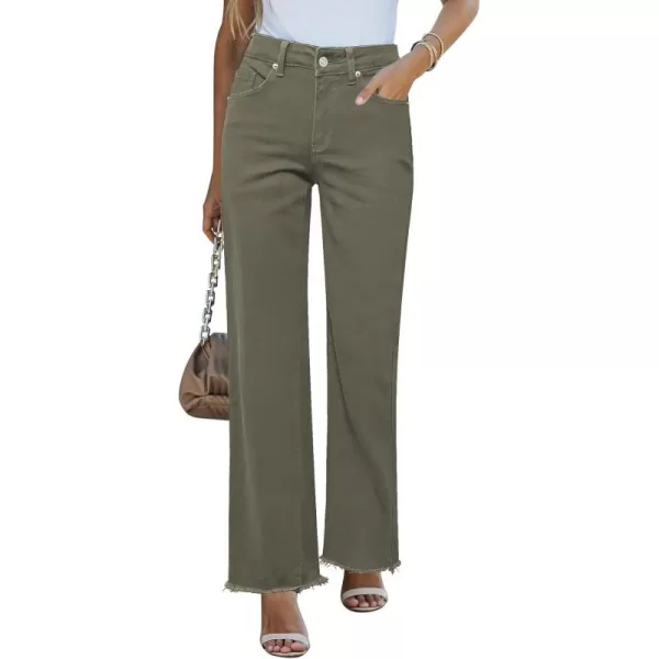 GRAPENT Straight Leg Jeans for Women High Waisted Stretchy Frayed Raw Hem Loose Denim Pants Casual Baggy Jean TrousersOlive Green