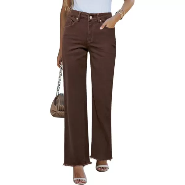 GRAPENT Straight Leg Jeans for Women High Waisted Stretchy Frayed Raw Hem Loose Denim Pants Casual Baggy Jean TrousersPecan Brown