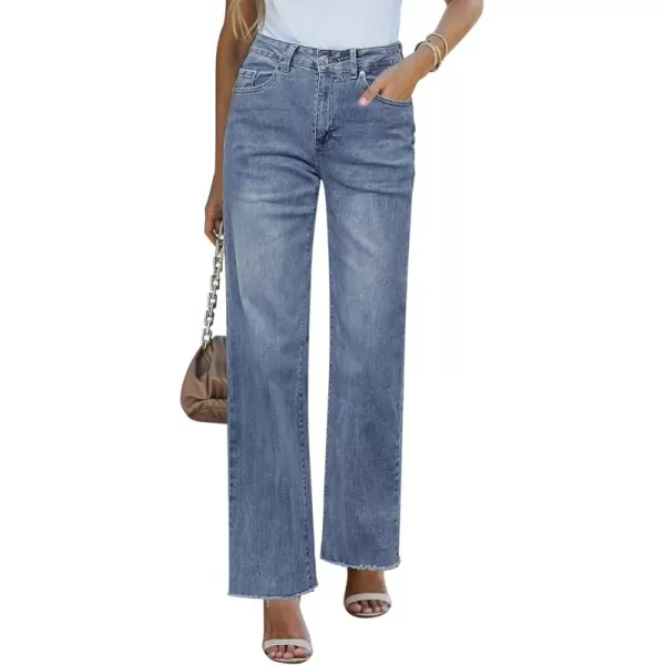 GRAPENT Straight Leg Jeans for Women High Waisted Stretchy Frayed Raw Hem Loose Denim Pants Casual Baggy Jean TrousersVintage Blue  Acid Wash