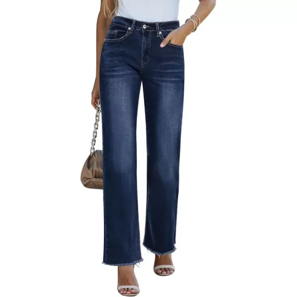 GRAPENT Straight Leg Jeans for Women High Waisted Stretchy Frayed Raw Hem Loose Denim Pants Casual Baggy Jean TrousersVintage Dark Blue