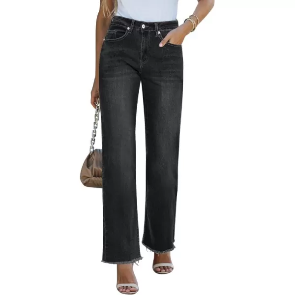 GRAPENT Straight Leg Jeans for Women High Waisted Stretchy Frayed Raw Hem Loose Denim Pants Casual Baggy Jean TrousersWashed Black