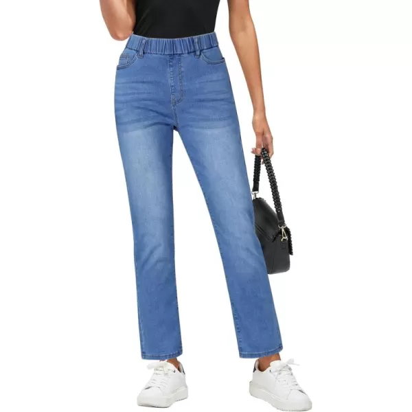 GRAPENT Straight Leg Jeans for Women Trendy Pull On High Waisted Cropped Elastic Waist Stretchy Denim Pants Ankle JeansOffshore Blue