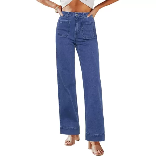 GRAPENT Wide Leg Jeans for Women High Waisted Flare Trendy Stretchy Denim Pants Duo Pockets Trouser JeansClassic Blue