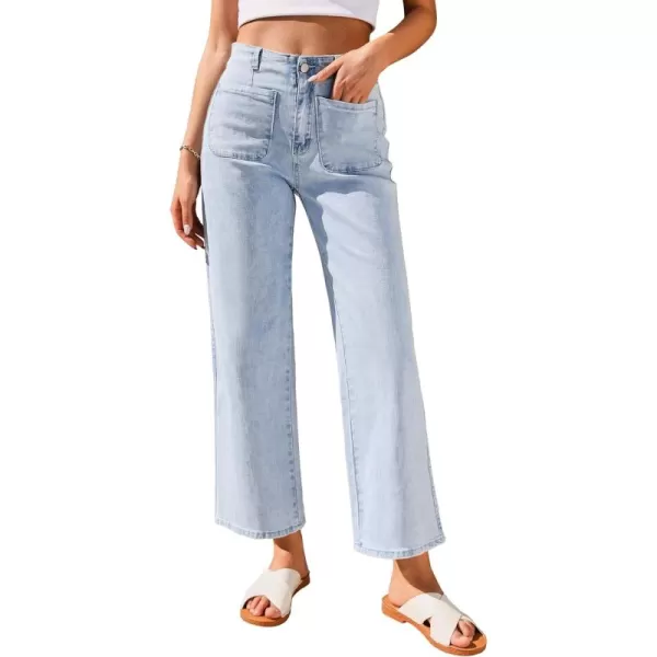 GRAPENT Wide Leg Jeans for Women High Waisted Straight Leg Stretchy Cropped Denim Pants with Pockets Jean TrousersVintage Light Wash