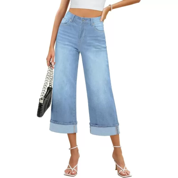 GRAPENT Wide Leg Jeans for Women High Waisted Stretchy Denim Capri Pants Fold Hem Cropped Baggy Capris Jeans with PocketRoadnight Blue