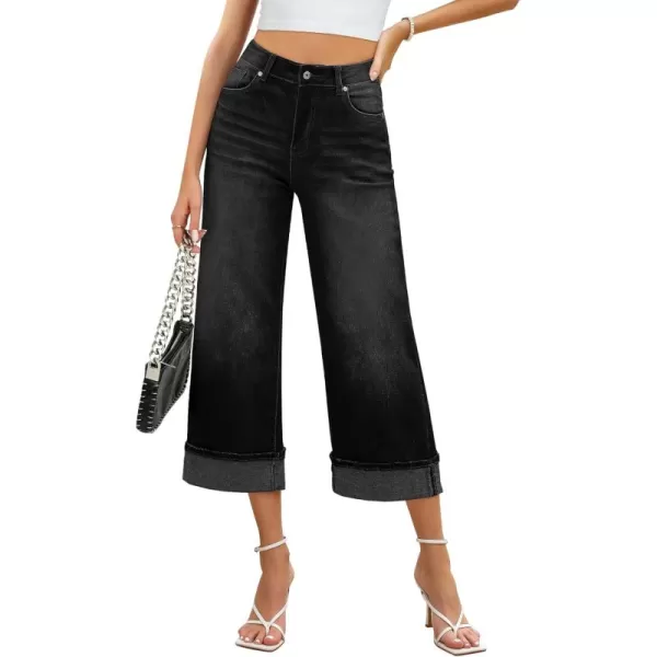 GRAPENT Wide Leg Jeans for Women High Waisted Stretchy Denim Capri Pants Fold Hem Cropped Baggy Capris Jeans with PocketWashed Black