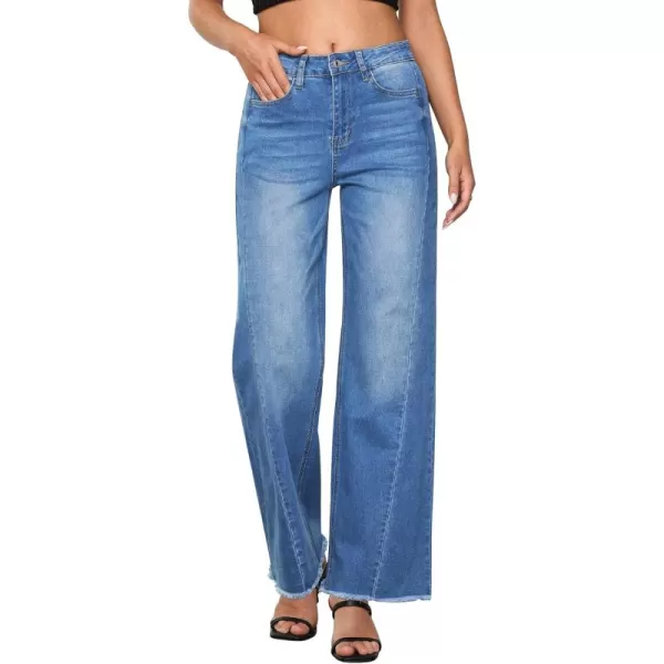GRAPENT Wide Leg Jeans for Women High Waisted Trendy Strechy Denim Pants Side Seam Frayed Hem Baggy Work Trouser JeansMedium Blue