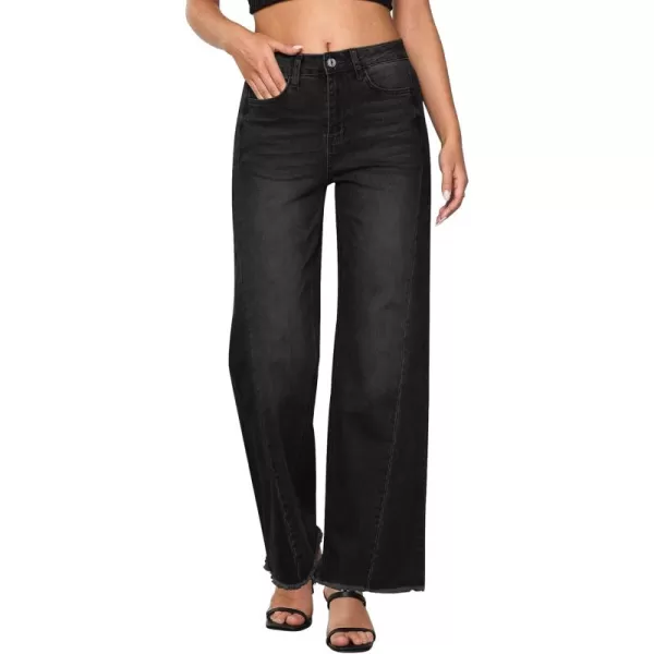 GRAPENT Wide Leg Jeans for Women High Waisted Trendy Strechy Denim Pants Side Seam Frayed Hem Baggy Work Trouser JeansWashed Black