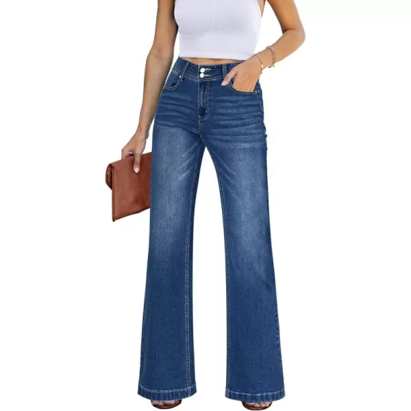 GRAPENT Wide Leg Jeans for Women Trendy High Waisted Flare Stretchy Denim Pants Baggy Dual Button Trouser Jeans PocketsDark Blue