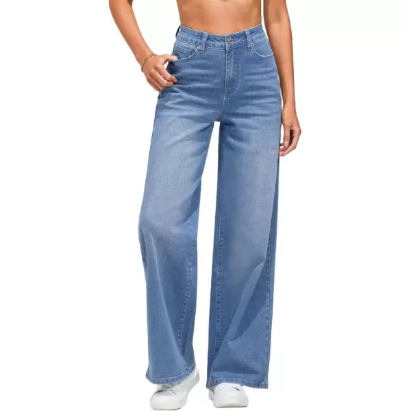 GRAPENT Wide Leg Jeans for Women Trendy High Waisted Stretchy Denim Pants 90s Baggy Jeans Trouser Jeans with PocketsCool Blue