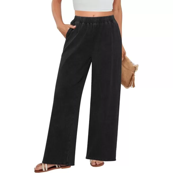 GRAPENT Wide Leg Pants Woman Pull On High Waisted Baggy Straight Leg Colored Jeans Stretch Twill Trouser Pants for WomenBlack