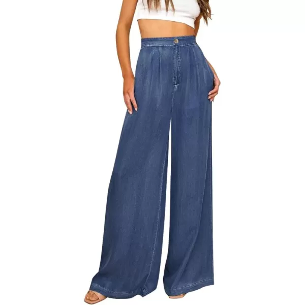 GRAPENT Wide Leg Pants for Women High Waisted Jeans Palazzo Pants Lightweight Summer Beach Flowy Trousers Y2KClassic Blue