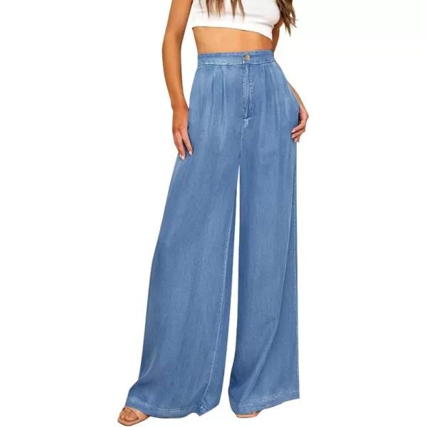 GRAPENT Wide Leg Pants for Women High Waisted Jeans Palazzo Pants Lightweight Summer Beach Flowy Trousers Y2KMedium Blue
