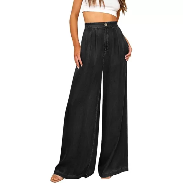 GRAPENT Wide Leg Pants for Women High Waisted Jeans Palazzo Pants Lightweight Summer Beach Flowy Trousers Y2KSoft Black