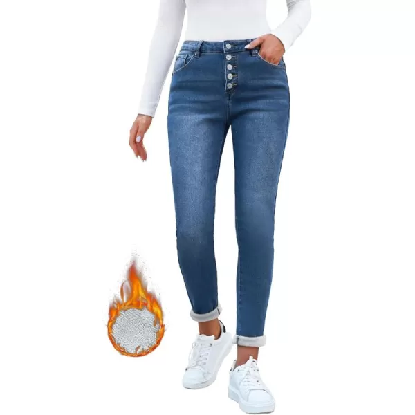 GRAPENT Womens Fleece Lined Jeans Button Fly High Waisted Skinny Jean Stretchy Denim Thermal Pants Warm Winter JeggingsClassic Blue