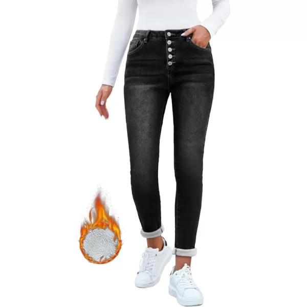 GRAPENT Womens Fleece Lined Jeans Button Fly High Waisted Skinny Jean Stretchy Denim Thermal Pants Warm Winter JeggingsFaded Black