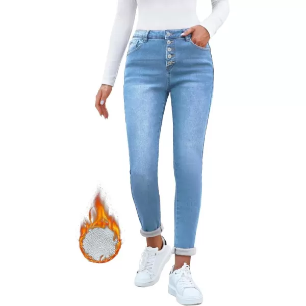 GRAPENT Womens Fleece Lined Jeans Button Fly High Waisted Skinny Jean Stretchy Denim Thermal Pants Warm Winter JeggingsPowder Blue
