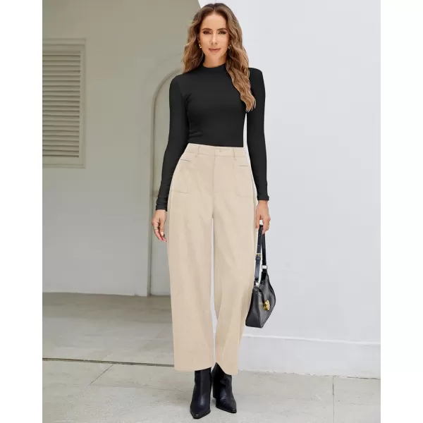 GRAPENT Barrel Pants for Women High Waisted Corduroy Elastic Waist Trendy Loose Casual Fall Trousers Pants with PocketsBeige