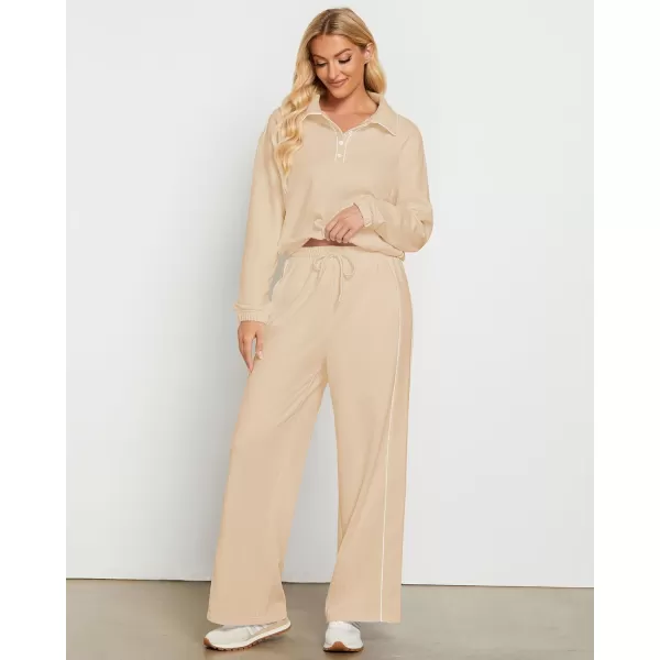 GRAPENT Sweatsuits Two Piece Sets for Women High Wasited Wide Leg Pants Fleece Button Pullover Sweatshirt Lounge OutfitsBeige
