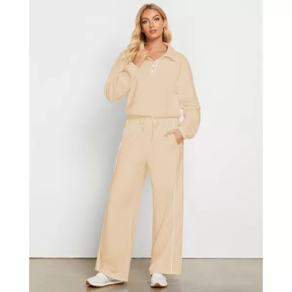 GRAPENT Sweatsuits Two Piece Sets for Women High Wasited Wide Leg Pants Fleece Button Pullover Sweatshirt Lounge OutfitsBeige