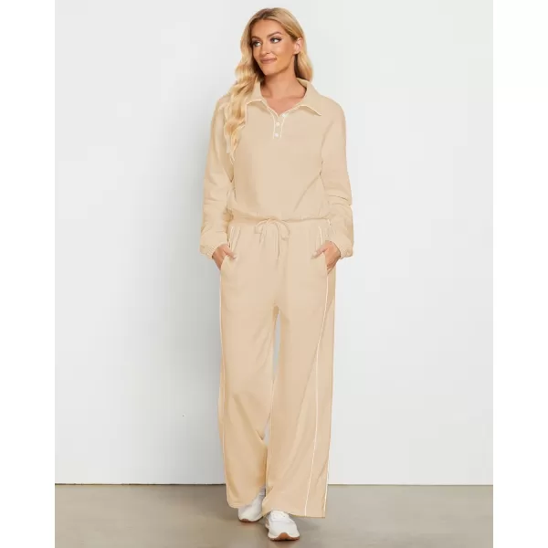 GRAPENT Sweatsuits Two Piece Sets for Women High Wasited Wide Leg Pants Fleece Button Pullover Sweatshirt Lounge OutfitsBeige