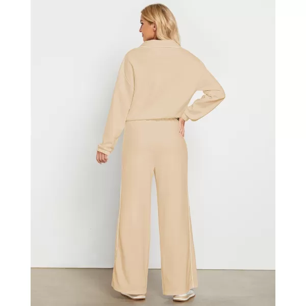 GRAPENT Sweatsuits Two Piece Sets for Women High Wasited Wide Leg Pants Fleece Button Pullover Sweatshirt Lounge OutfitsBeige