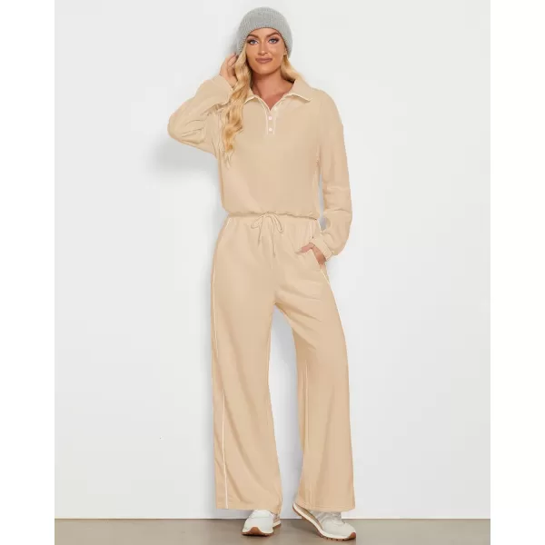 GRAPENT Sweatsuits Two Piece Sets for Women High Wasited Wide Leg Pants Fleece Button Pullover Sweatshirt Lounge OutfitsBeige