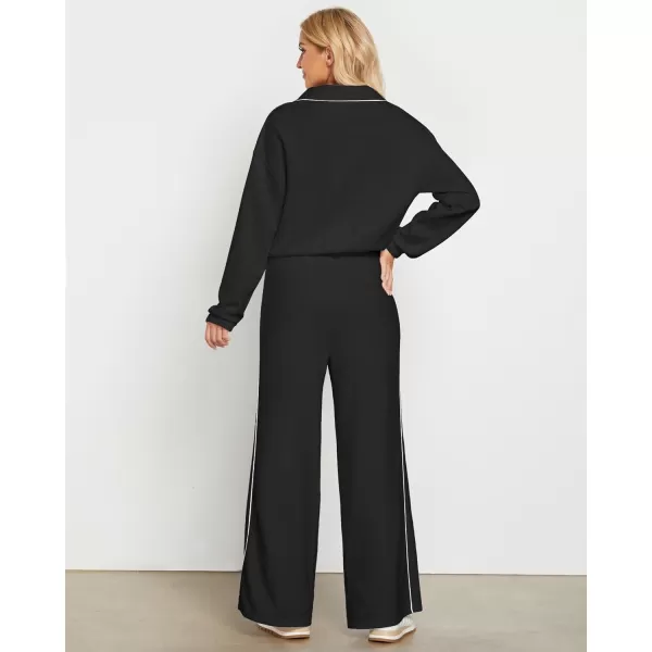 GRAPENT Sweatsuits Two Piece Sets for Women High Wasited Wide Leg Pants Fleece Button Pullover Sweatshirt Lounge OutfitsBlack