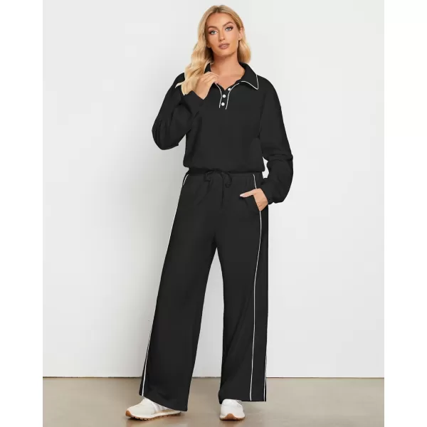 GRAPENT Sweatsuits Two Piece Sets for Women High Wasited Wide Leg Pants Fleece Button Pullover Sweatshirt Lounge OutfitsBlack