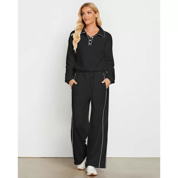 GRAPENT Sweatsuits Two Piece Sets for Women High Wasited Wide Leg Pants Fleece Button Pullover Sweatshirt Lounge OutfitsBlack