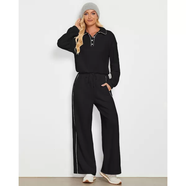 GRAPENT Sweatsuits Two Piece Sets for Women High Wasited Wide Leg Pants Fleece Button Pullover Sweatshirt Lounge OutfitsBlack
