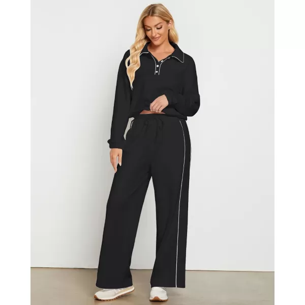 GRAPENT Sweatsuits Two Piece Sets for Women High Wasited Wide Leg Pants Fleece Button Pullover Sweatshirt Lounge OutfitsBlack