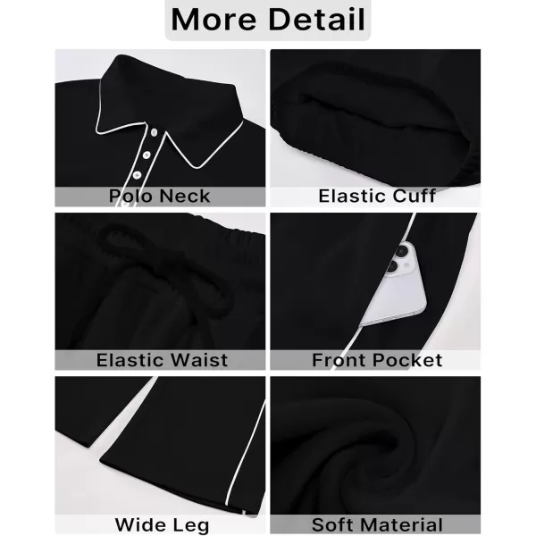 GRAPENT Sweatsuits Two Piece Sets for Women High Wasited Wide Leg Pants Fleece Button Pullover Sweatshirt Lounge OutfitsBlack