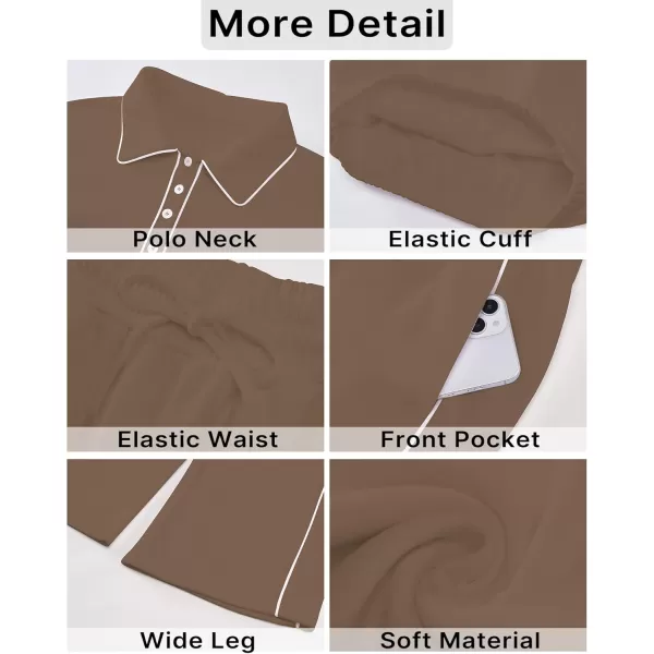 GRAPENT Sweatsuits Two Piece Sets for Women High Wasited Wide Leg Pants Fleece Button Pullover Sweatshirt Lounge OutfitsBrown
