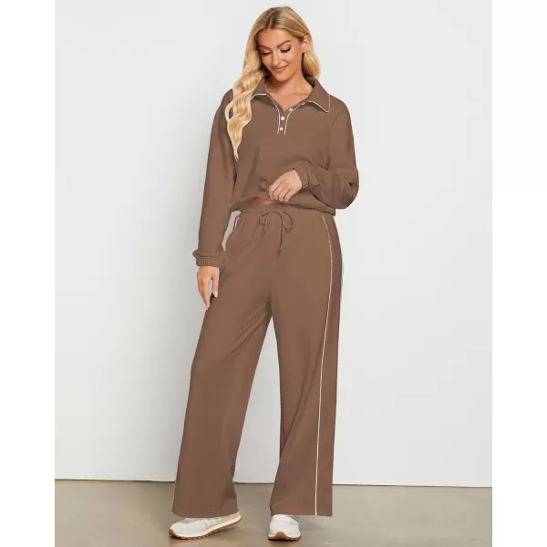 GRAPENT Sweatsuits Two Piece Sets for Women High Wasited Wide Leg Pants Fleece Button Pullover Sweatshirt Lounge OutfitsBrown