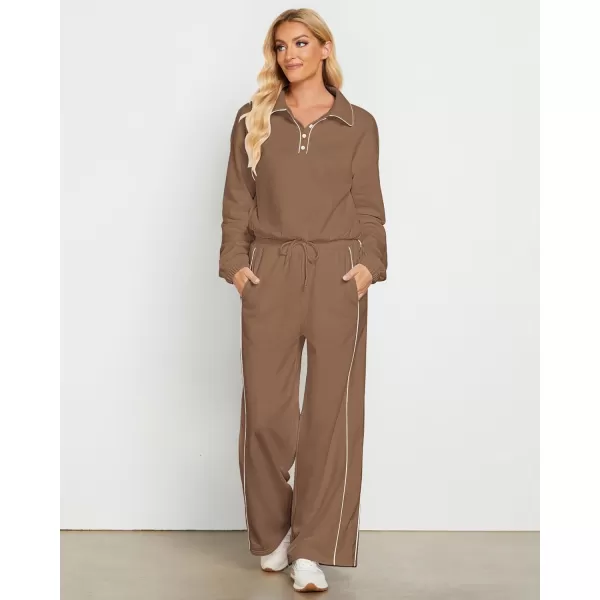 GRAPENT Sweatsuits Two Piece Sets for Women High Wasited Wide Leg Pants Fleece Button Pullover Sweatshirt Lounge OutfitsBrown