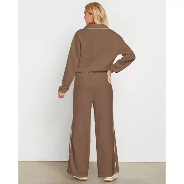 GRAPENT Sweatsuits Two Piece Sets for Women High Wasited Wide Leg Pants Fleece Button Pullover Sweatshirt Lounge OutfitsBrown
