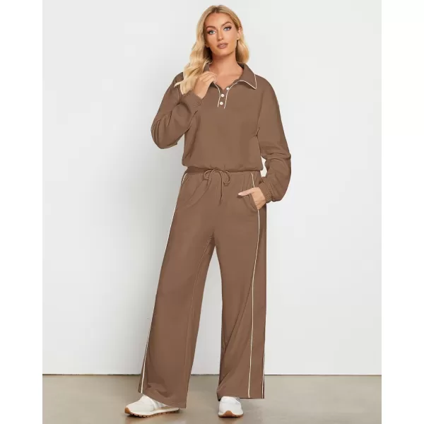 GRAPENT Sweatsuits Two Piece Sets for Women High Wasited Wide Leg Pants Fleece Button Pullover Sweatshirt Lounge OutfitsBrown